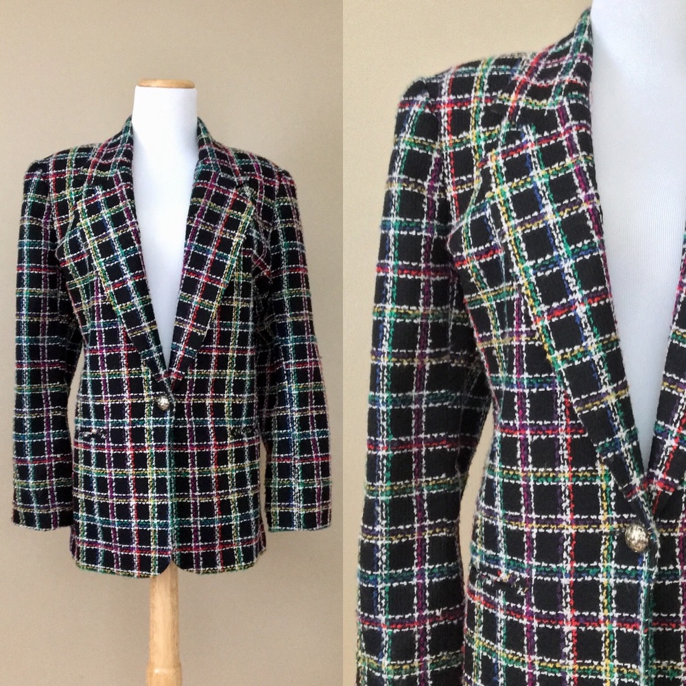 Vintage 80s Black Rainbow Tweed Wool Blend Blazer